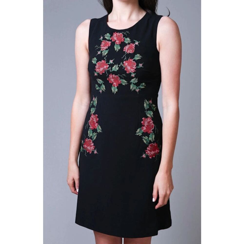 Black Cross Stitch Floral Sleeveless Fit & Flare Dress Size Medium - Picture 3 of 6